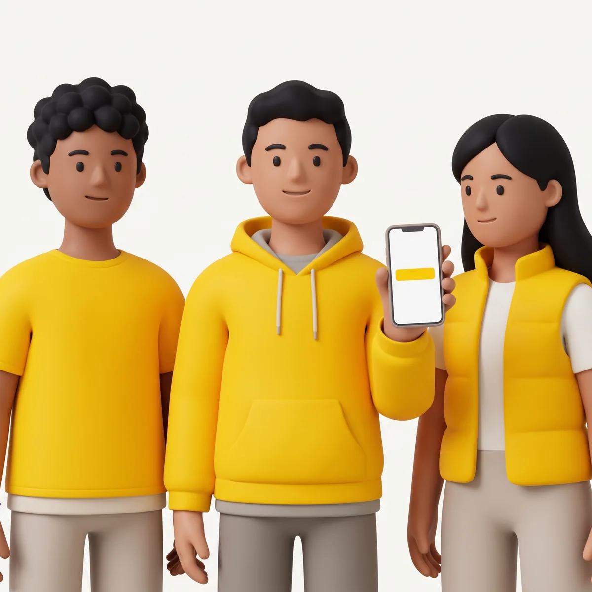 Tres clientes mirando juntos la tarjeta de Ludito en un celular