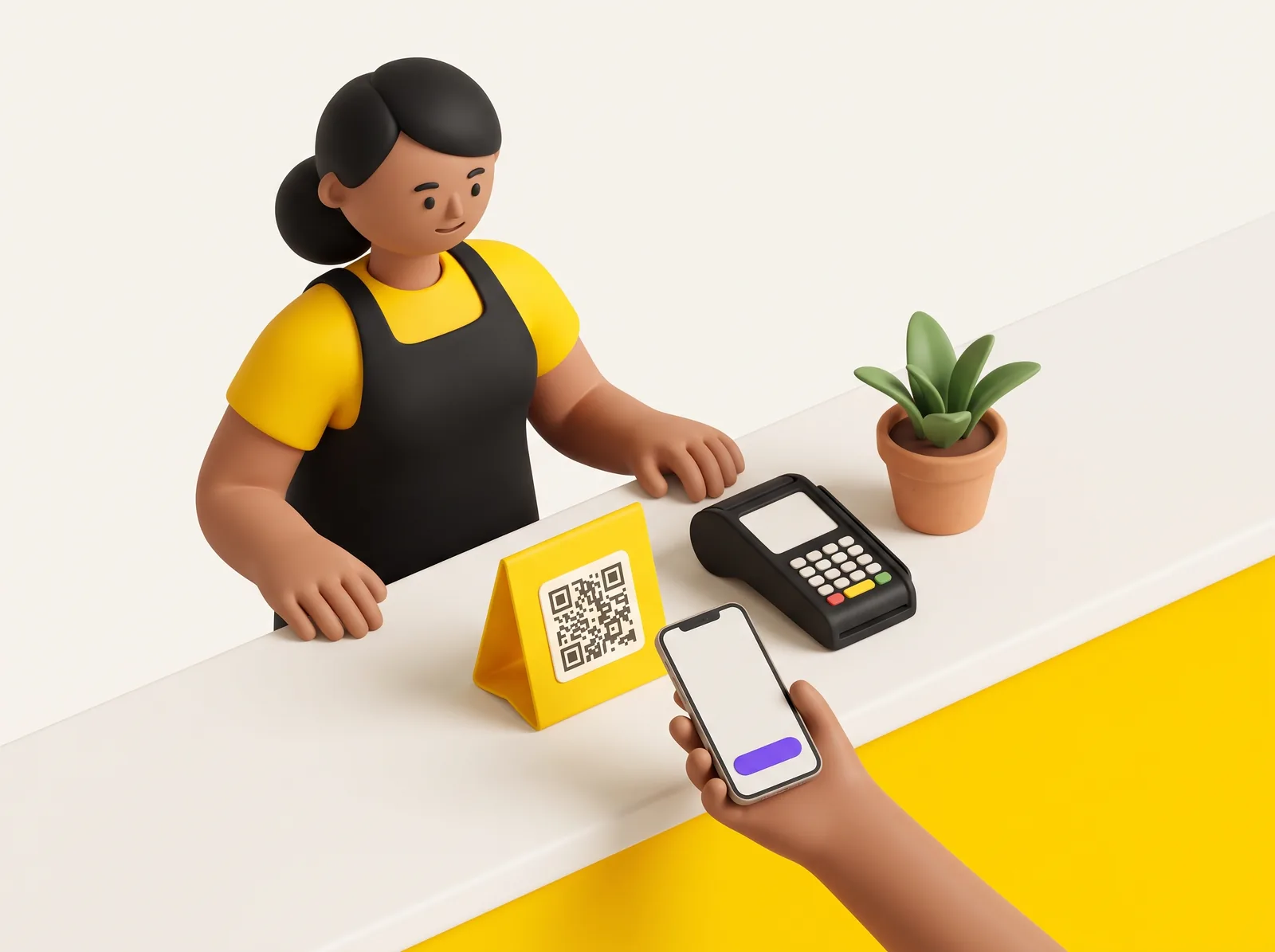 Cartel con código QR de Ludito sobre el mostrador y una clienta acercando su celular