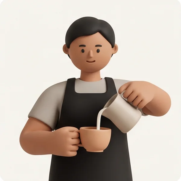 Barista con una taza y una jarra de leche